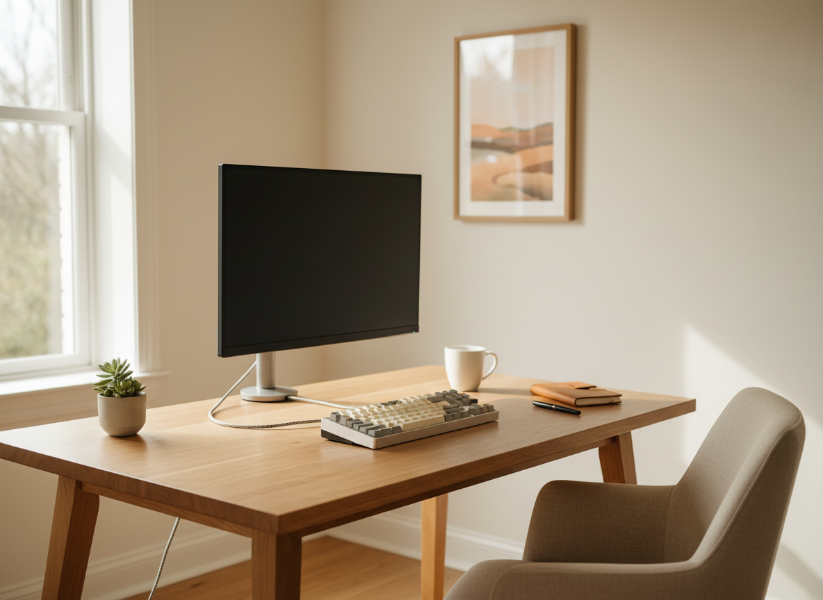 A quiet workspace with a monitor on a wooden desk
